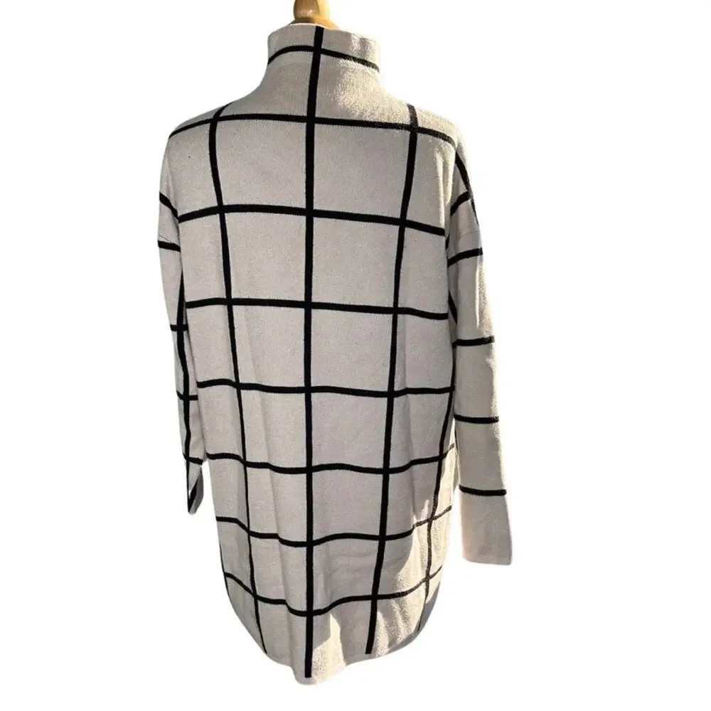 Checkered Beige Plaid Printed Oversized Sweater Dress Mini Dress Turtleneck